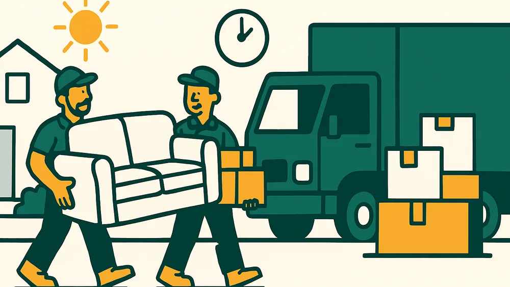 Flat vector illustration of a crew carrying furniture to a green junk removal truck for same-day pickup
